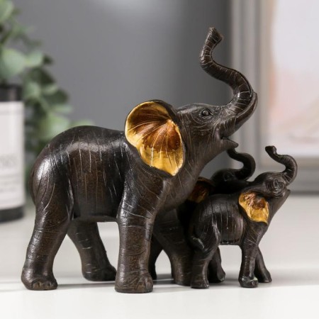 Souvenir Polystone "Elephant African Brown with elephants" Golden ears 11x12x5.5 cm-2