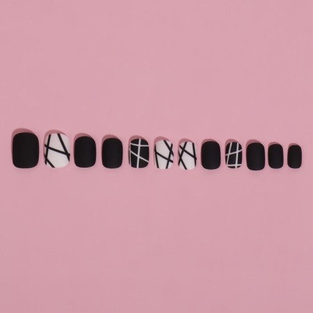 Black overhead nails, 12 pcs, with adhesive plates, soft square shape, black/white color-5