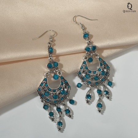 Hanging earrings with rhinestones "East" fan, blue color in black silver, 9 cm-1