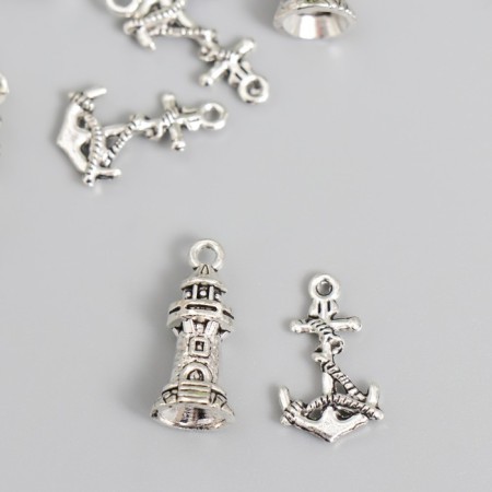 Decor for creativity Metal "Anchor and lighthouse" silver set 6 pairs 1.9x1.1 cm 2x0.9x0.9 cm