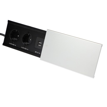 Block Roset into the table, sliding cover, 10a, 2 sockets, 2xusb, 2a, wire 1.8 m, silver.-2