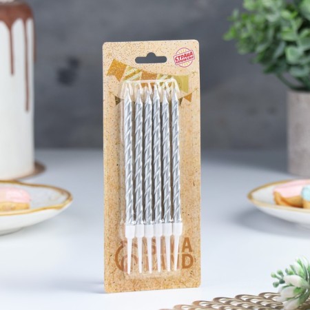 Candles in the Cake "Metallic", 14cm, 6pcs with a stand, silver-5