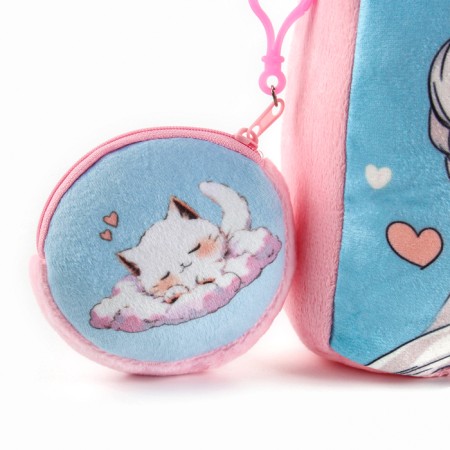 Baby plush backpack with a wallet "Girl with a cat", 24*24 cm, pink color-7