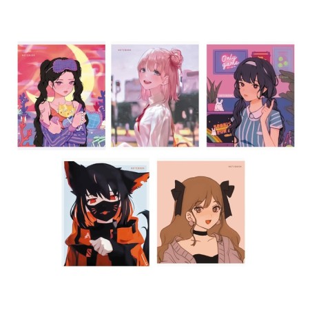 A notebook of 96 sheets in a cage on the rowing "anime", the cover coated cardboard, selective varnish, rounded corners, mix