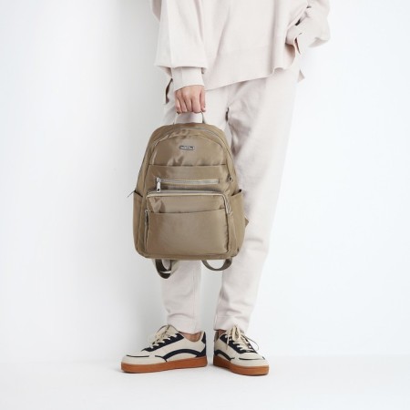 A backpack with a zipper, 5 outer pockets, pencil case, beige color-11