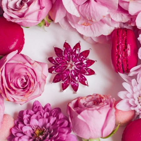 Brooch "Flower" chrysanthemum, raspberry color in silver-3