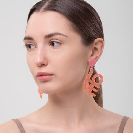 Acryl Love earrings, sparkles, coral color-2