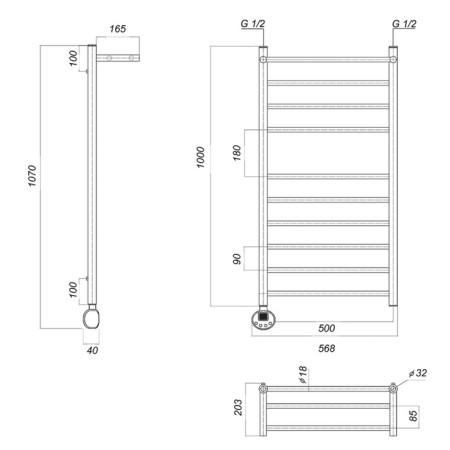 Domoterm electric heated towel rail "Medea" P10, 500x1000 mm, with a shelf, left, chrome-2