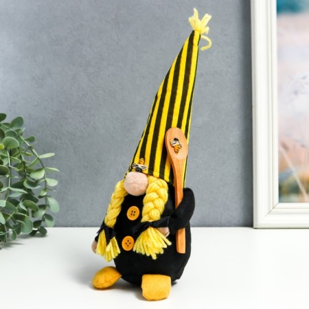 Interior doll "Granny in a striped cap with a spoon for honey and bees" 28x8 cm-2