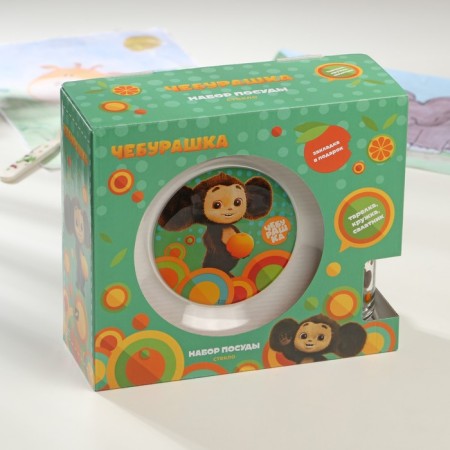 Set of dishes "Cheburashka", 3 items: plate, salad bowl, mug, gift packaging-5