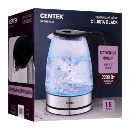 Electric kettle Centek CT-0014, glass, 1.8 l, 2200 watts, silver-black-2