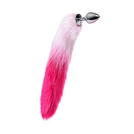 Anal plug, with a white-pink tail, metal, silver, 45 cm, d = 3.3 cm-1