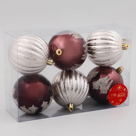 Set of balls plastic D-8 cm, 6 pcs "Fairytale patterns" feathers of stripes, brown silver-1