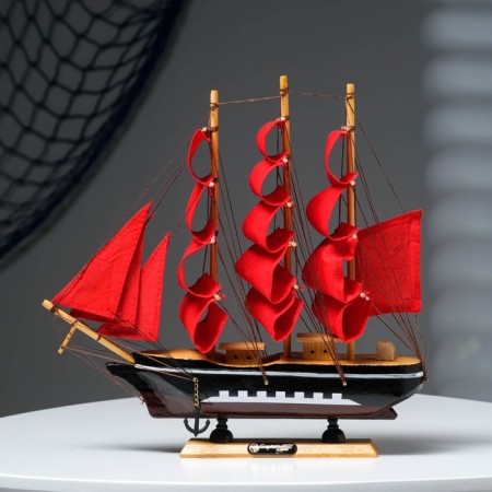 The ship souvenir medium "Flora", Black side with a white strip, red sails, 32x6.5x31 cm-5