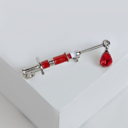 Brooch "syringe" Medical, red color in silver-1