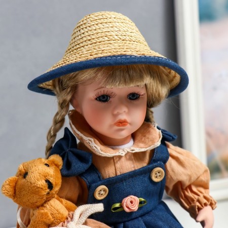 Doll Collectible Ceramics "Susie in a jeans dress, hat and with a bear" 30 cm-4
