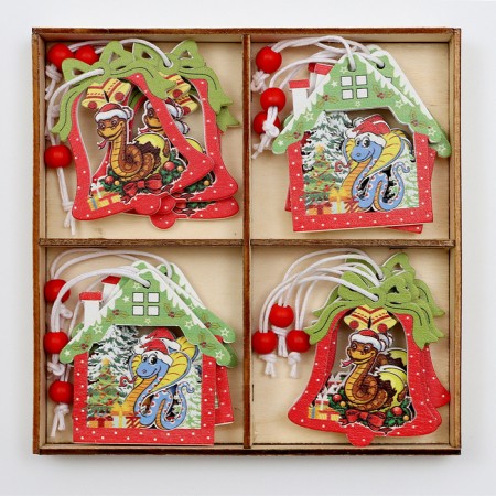 New Year! Set of suspensions in a wooden gift package, 12 pcs.-1