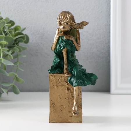 Souvenir Polystone "Girl in a sea wave dress sits in a cube" Bronze 7.5x7x16 cm-3