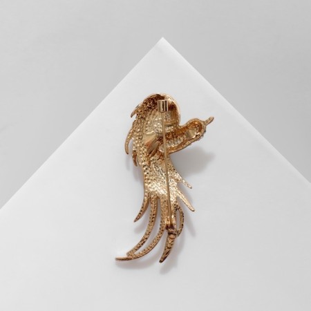 Brooch "Bird" with a fluffy tail, colored in gold-1
