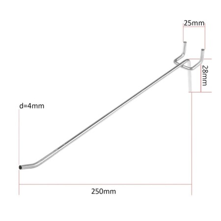 A single hook for a metal perforated panel, d = 4 mm, l = 25 cm, step 25 mm
