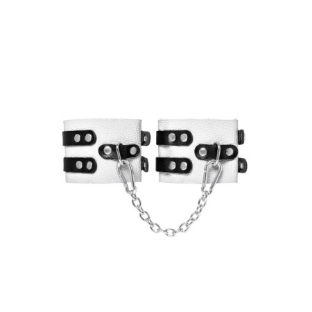 The shackles of Pecado BDSM, soft, with two straps, with eyelets, genuine leather, white-black-1