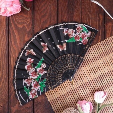 Fan plastic, textiles "field flowers" sparkles gold mix 23 cm
