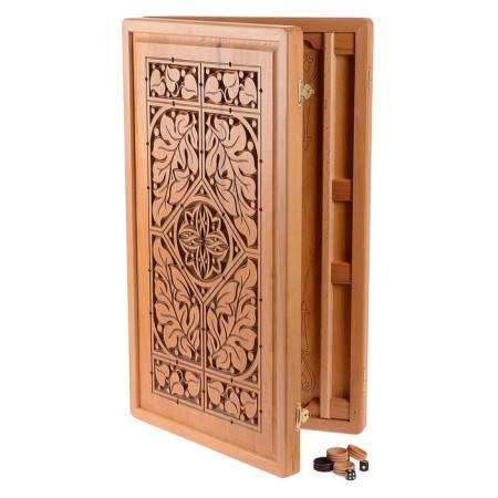 Wooden backgammon large, carved, board game "Nymph", Beech, Patina, 59 x 67 cm-1