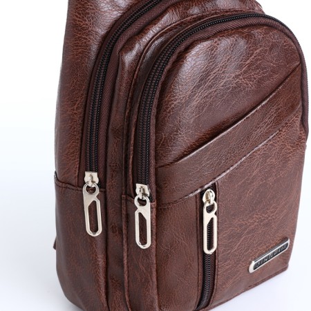 Male sling bag, artificial leather, headphone opening, brown color-4