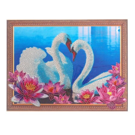 Diamond mosaic with partial filling and uniform rhinestones on the swan frame, 30 x 40 cm-2