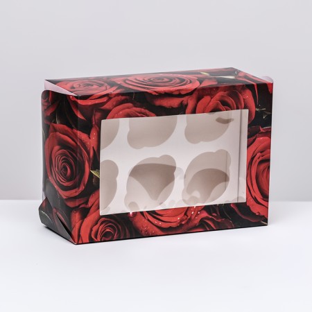 Packaging for 6 cupcakes with a window, "roses", 25 x 17 x 10 cm