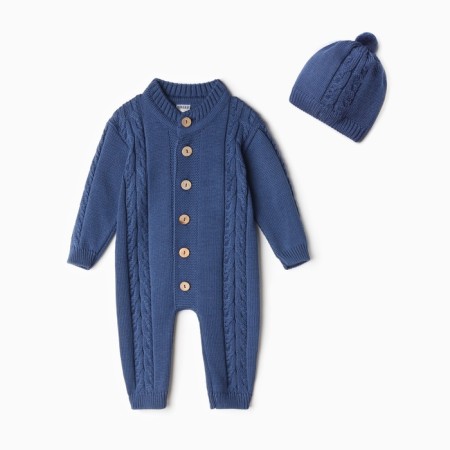 Combineson children with a hat knitted minaku, height 92-98, blue color