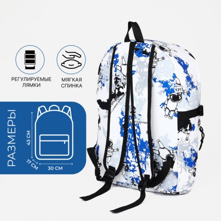 School backpack from textiles, 3 pockets, white/blue color-1