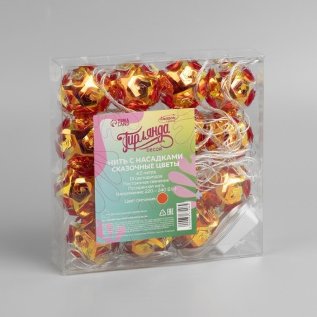 Garland “thread” 4.5 m with nozzles “Flower balls”, IP20, transparent thread, 15 LED, red glow, 220 V-4