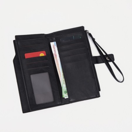 Men's purse on the button, a department for bills, for maps, for coins, black color-6