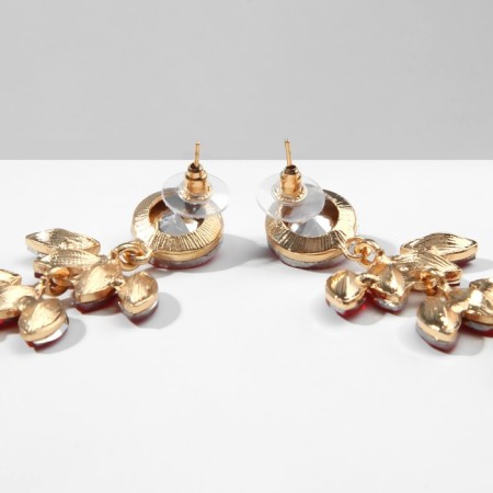 Hanging earrings with rhinestones "bun" deciduous, red color in gold, 9.5 cm-1