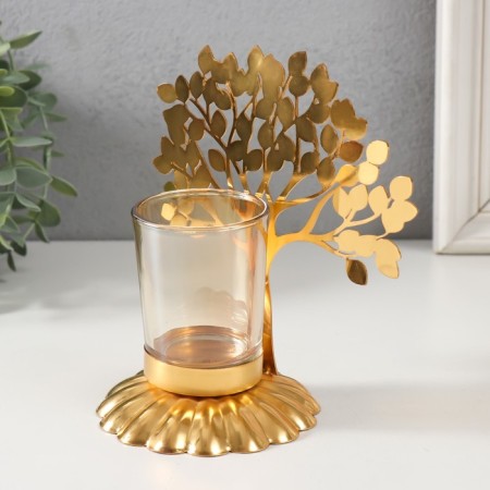 Climber Metal, glass for 1 candle "tree with leaves" d = 4.7 cm, gold 14.7x9.3x15 cm-4
