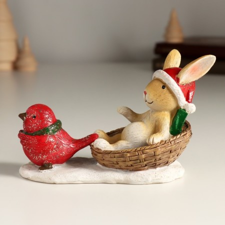 Polystone souvenir "Bunny in a basket and red bird" 13x6x8 cm-1