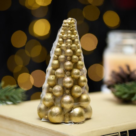 New Year. Candle "Fir tree from balls" 50*100 mm, varnish, golden-1