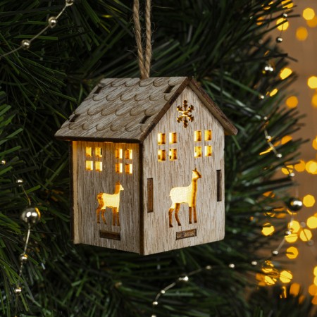 Christmas tree toy "House with a deer", from batteries, a glow of warm white