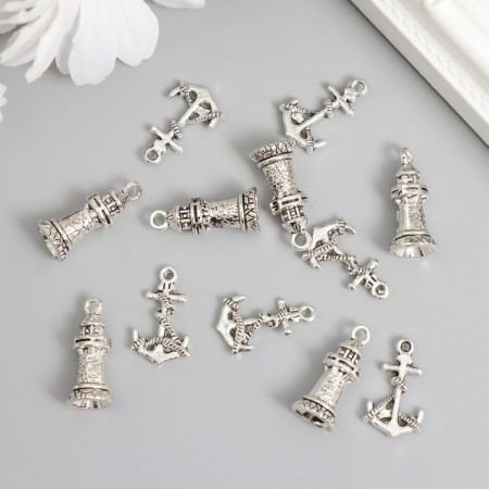 Decor for creativity Metal "Anchor and lighthouse" silver set 6 pairs 1.9x1.1 cm 2x0.9x0.9 cm-2