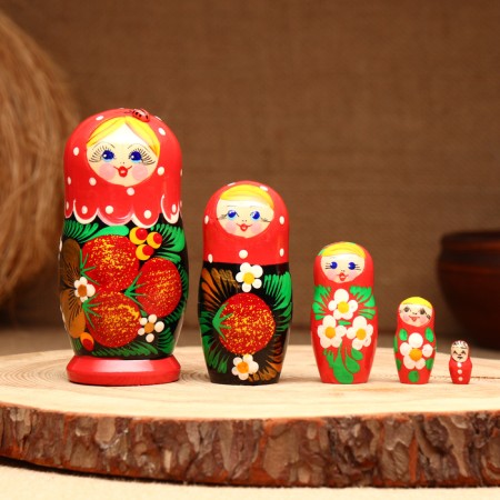 Matryoshka 5-doll "festive red" with God's cow, 10-11 cm