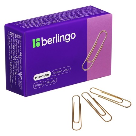 Office paper clips 50mm, golden 100 pieces of Berlingo, in cardboard packaging