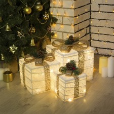 LED figure “Gifts with beige tape” 15, 20 cm, textiles, metal, 220 V, glow warm white