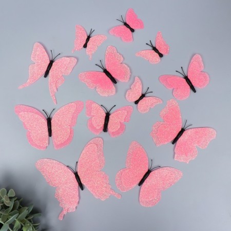 Magnet plastic "Butterfly double wings - shine" Pink set 12 pcs