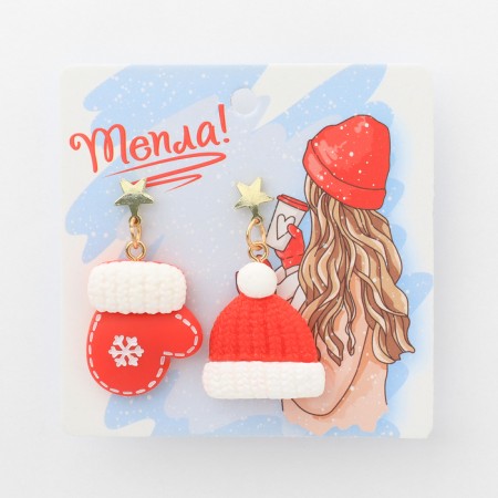 New Year! Earrings "New Year" hat star, mittens, white-red color in gold-5