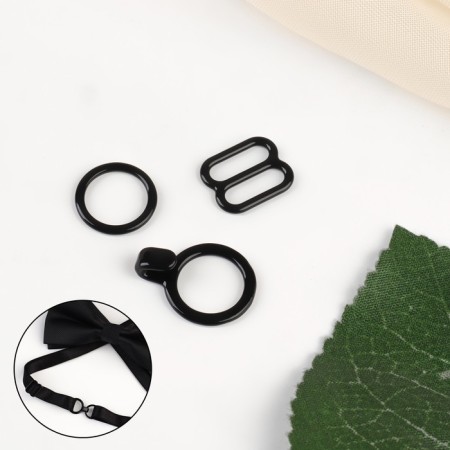 A set of metal fittings for a bow tie: ring, hook, regulator 1 cm, black color