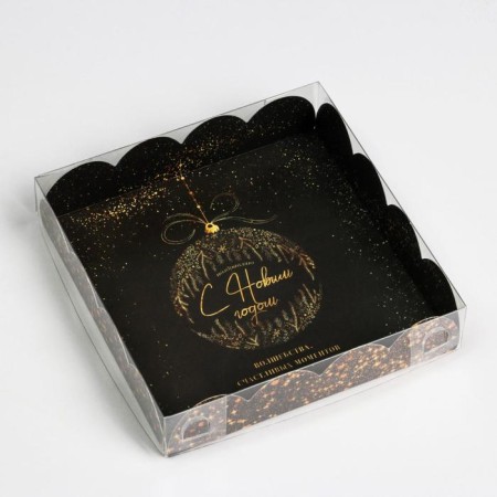 Box for confectionery products with PVC Gold lid, 13 x 13 x 3 cm, New Year-1
