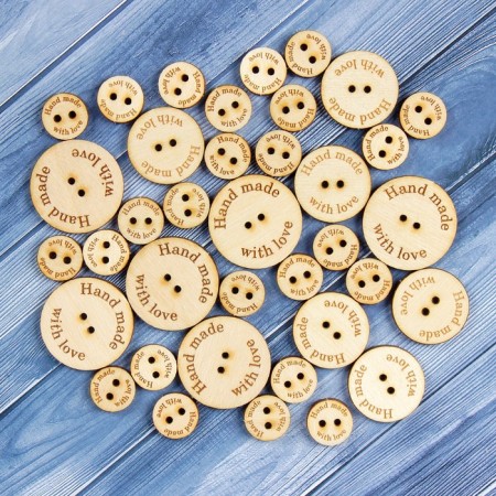 Set of tags "Hand Made", buttons, 30 mm - 6 pcs; 25 mm - 6 pcs; 15 mm - 25 pcs