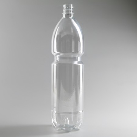 A disposable plastic bottle, 1.5 l, PET, without a lid, the color is transparent