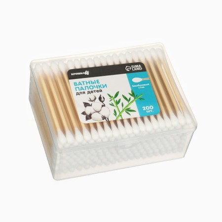 Cotton sticks for children crumbs, box 200 pcs., Tip - classic, cotton/bamboo